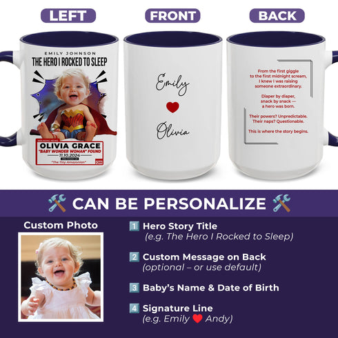 Custom Wonder Woman Baby Mug – “The Tiny Amazonian” with Personalized Photo, Name & Heartwarming Message